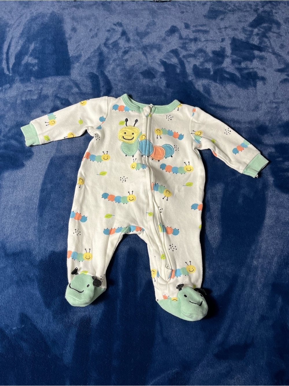 Koala Kids White One-Piece Footie with Mint Trim and Multicolor Caterpillars